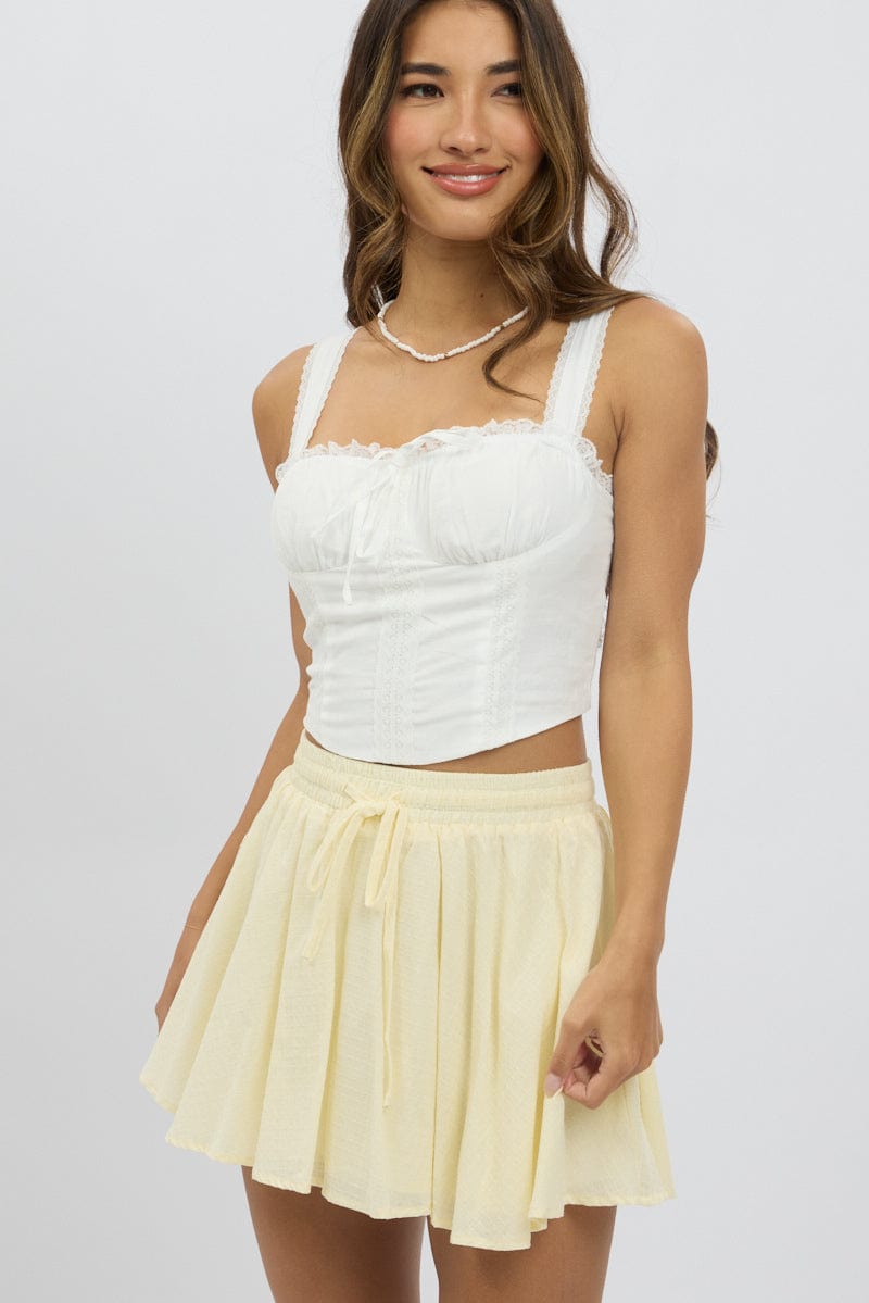 Yellow Mini Skirt Elastic Waist Volume Textured Cotton
