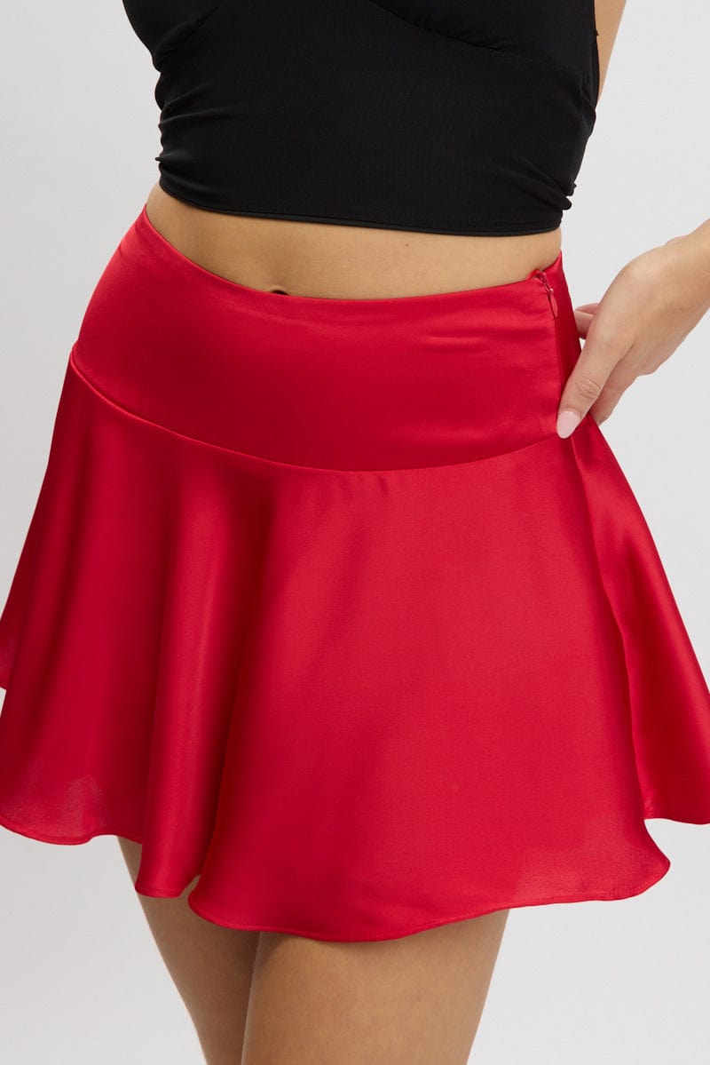 Red Satin Skirt High Rise Mini Flowy Skater
