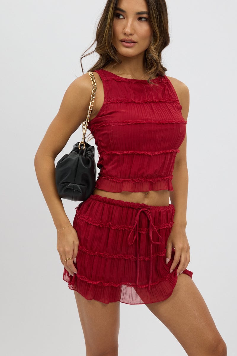 Red Mini Skirt Mid Rise Shirred Lined Bloomers
