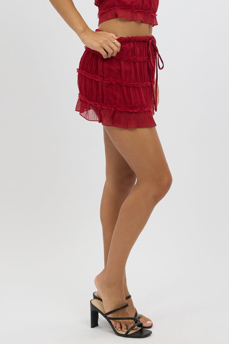 Red Mini Skirt Mid Rise Shirred Lined Bloomers