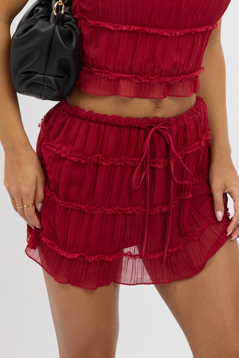 Red Mini Skirt Mid Rise Shirred Lined Bloomers