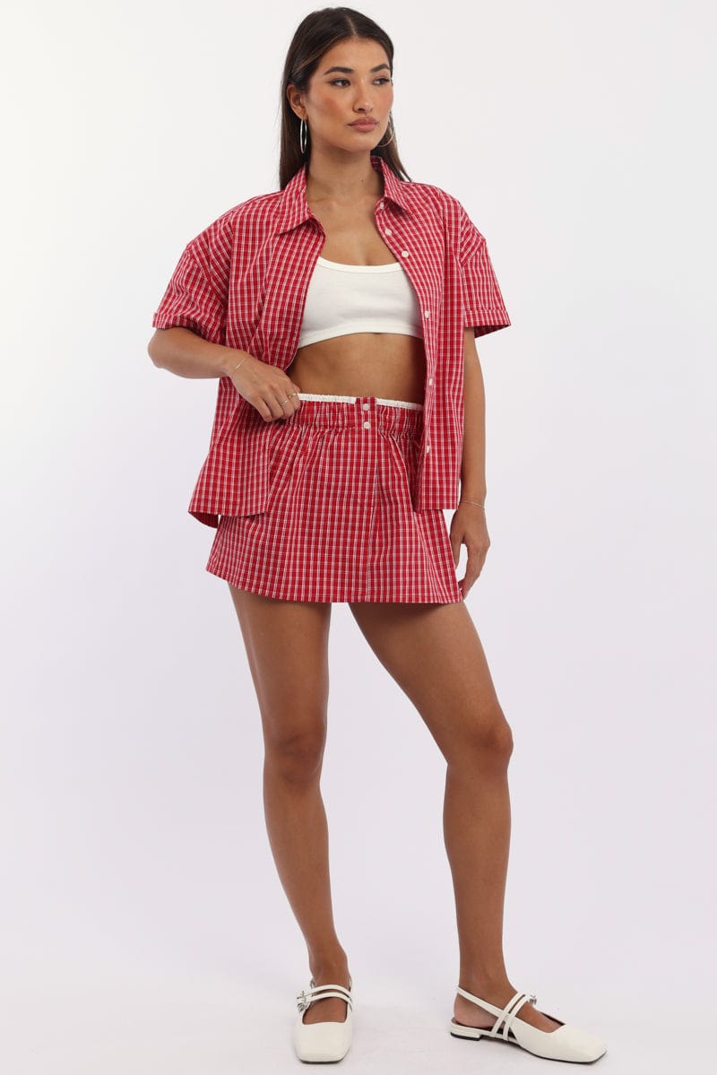 Red Check Boxer Mini Skirt Mid Rise Relaxed