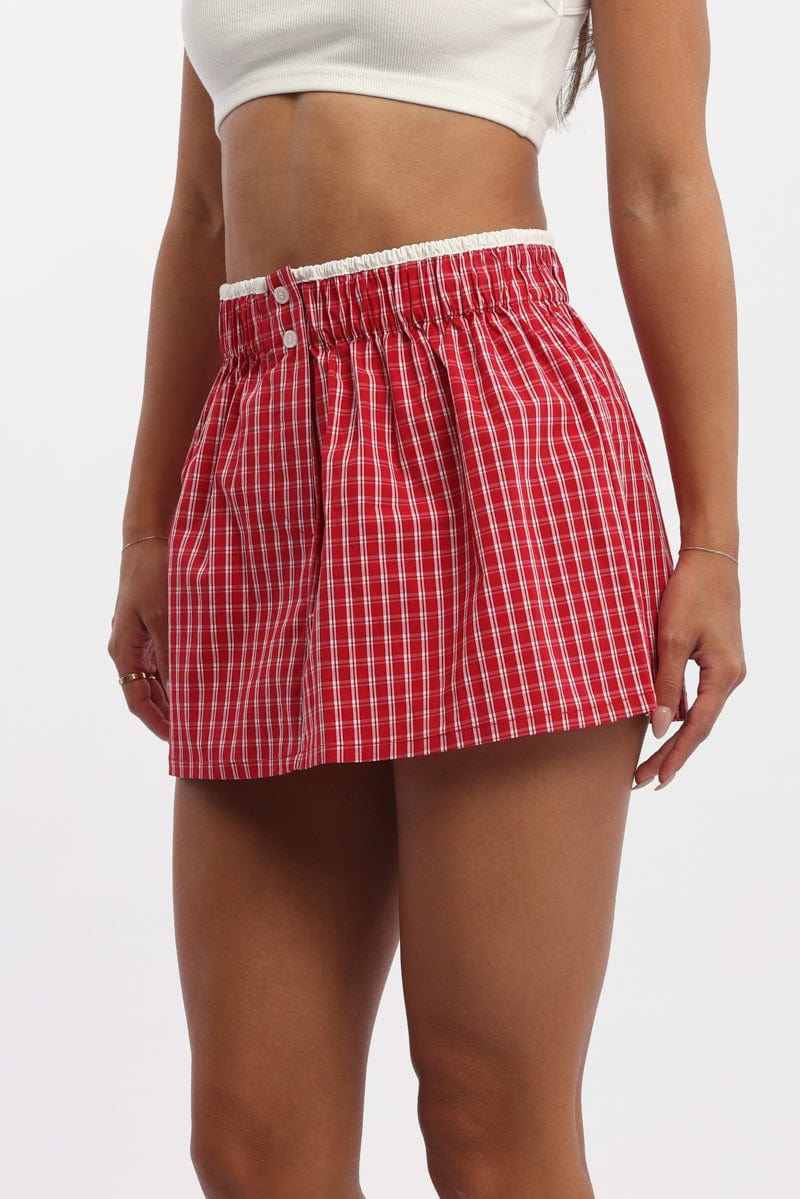 Red Check Boxer Mini Skirt Mid Rise Relaxed