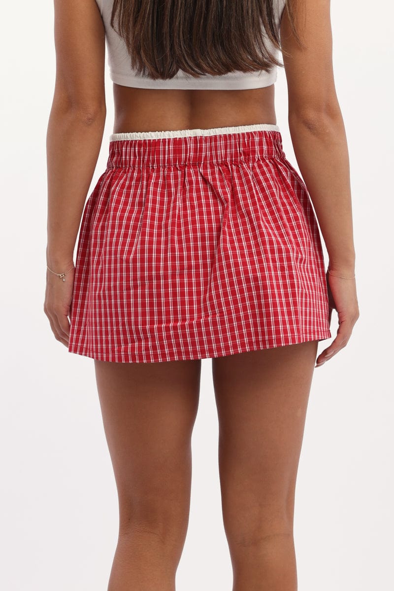 Red Check Boxer Mini Skirt Mid Rise Relaxed