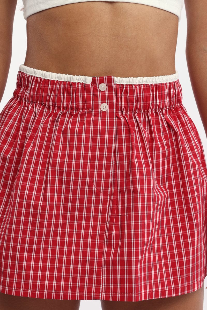Red Check Boxer Mini Skirt Mid Rise Relaxed