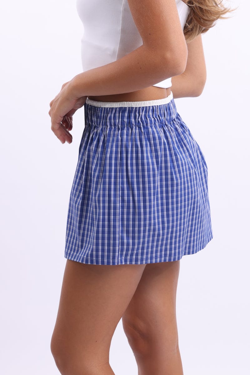 Blue Check Boxer Mini Skirt Mid Rise Relaxed