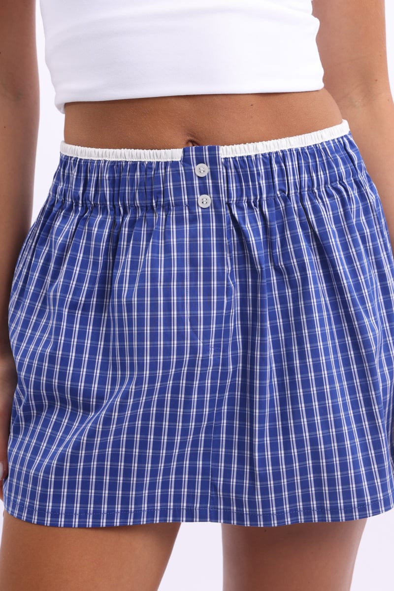 Blue Check Boxer Mini Skirt Mid Rise Relaxed