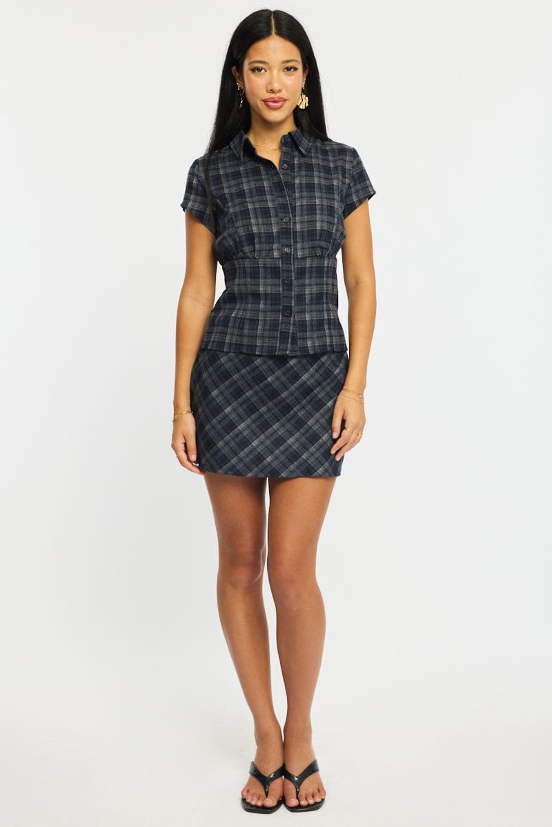 Blue Check Mini Skort Skirt Mid Rise A-Line