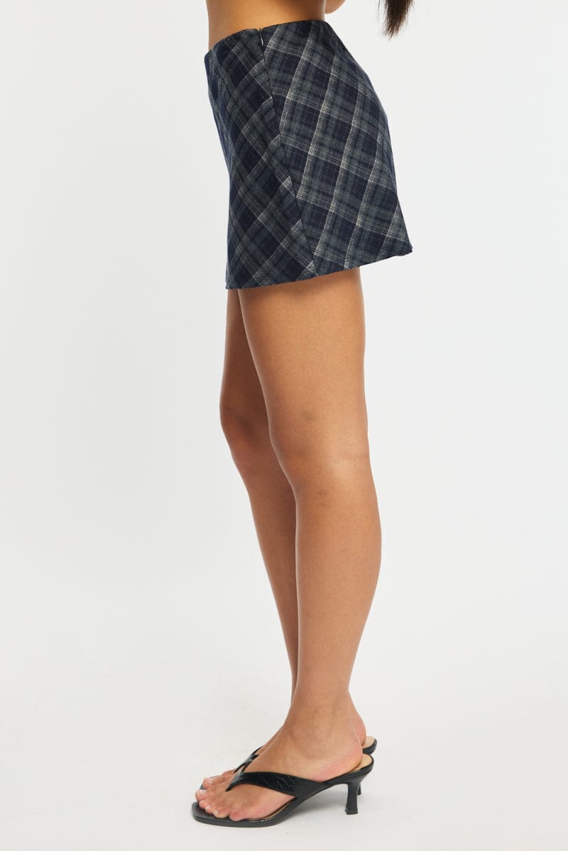 Blue Check Mini Skort Skirt Mid Rise A-Line