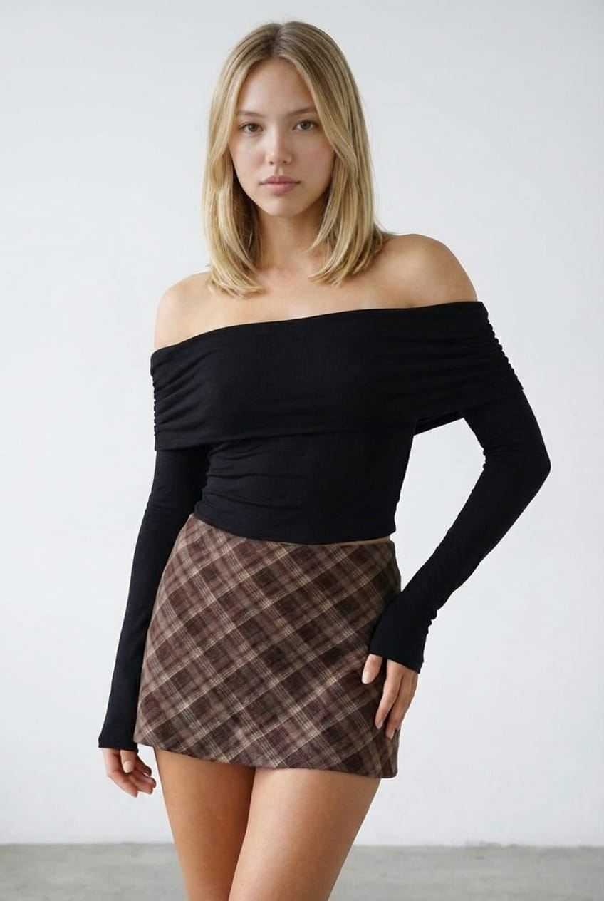 Brown Check Mini Skort Skirt Mid Rise A-Line