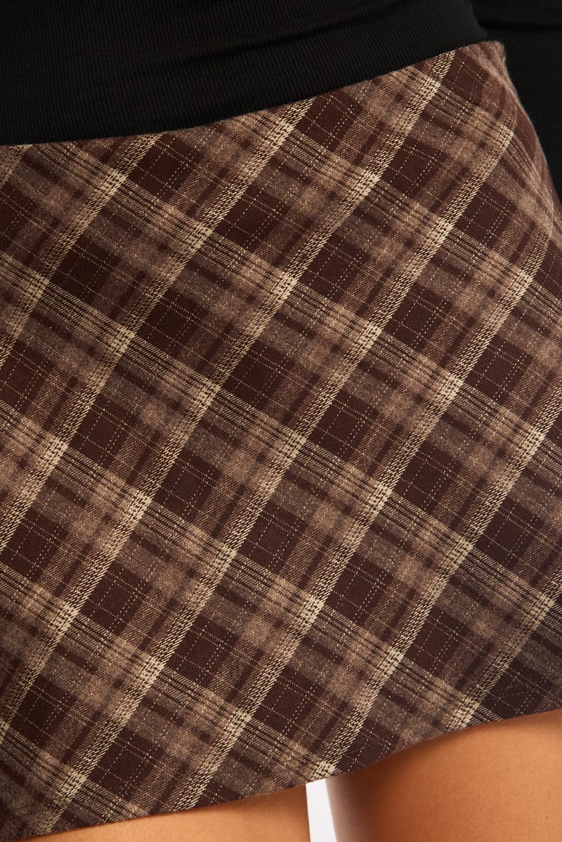 Brown Check Mini Skort Skirt Mid Rise A-Line