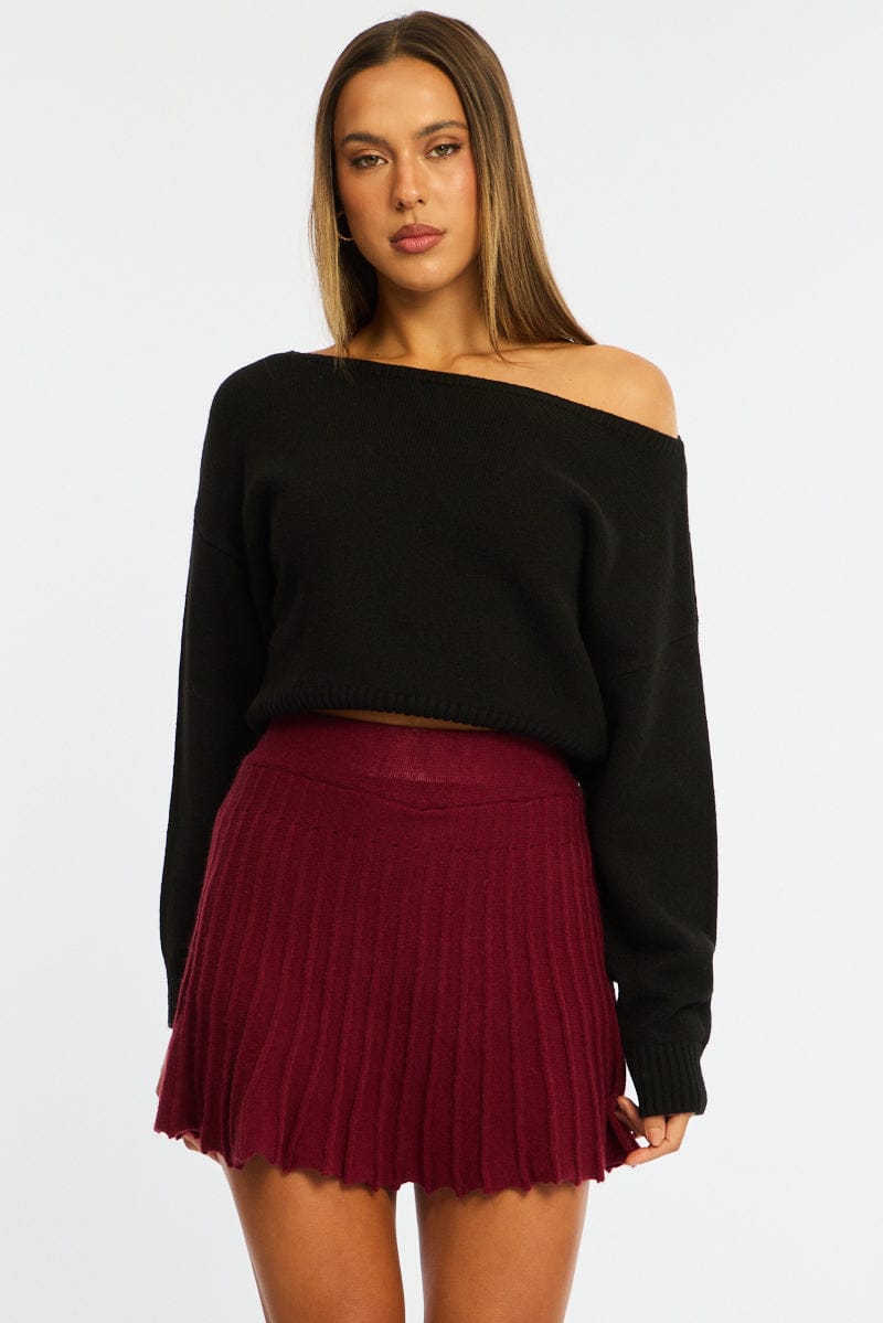 Red Knit Skort Skirt High Waisted Shorts Pleated