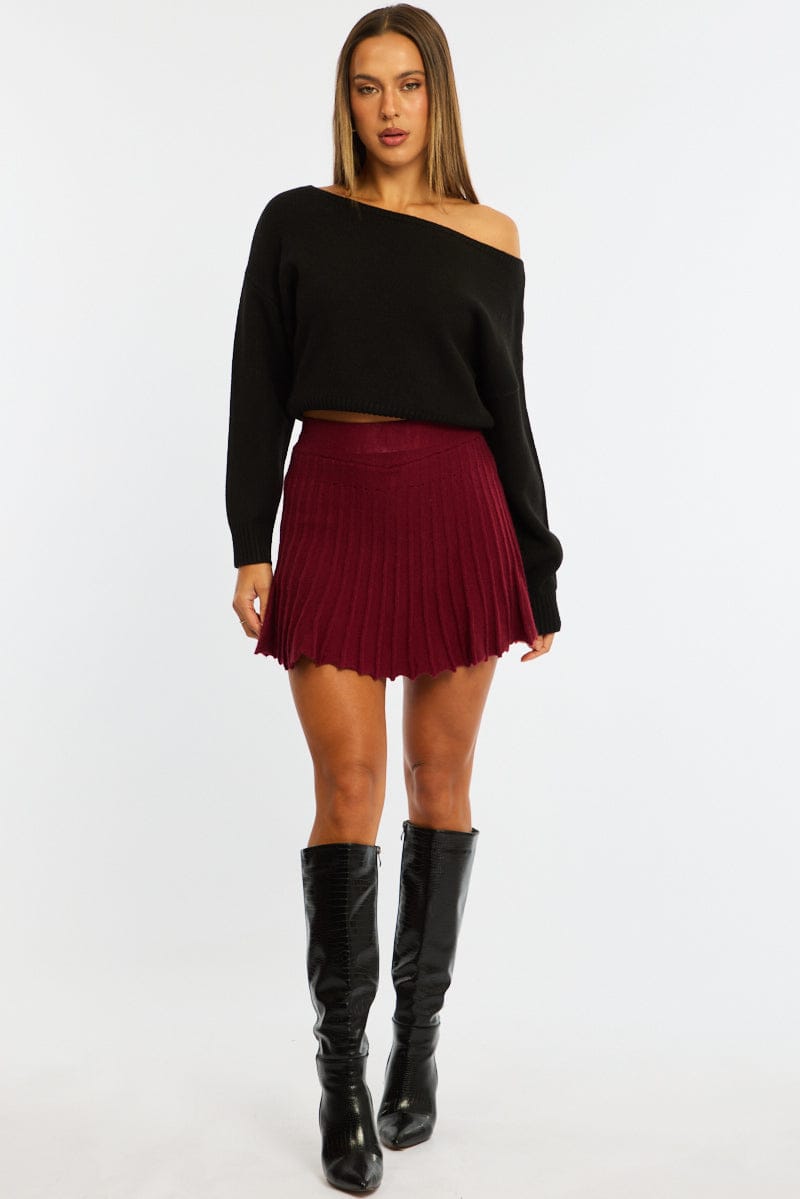 Red Knit Skort Skirt High Waisted Shorts Pleated