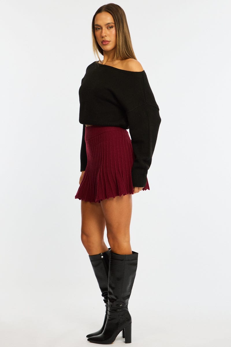 Red Knit Skort Skirt High Waisted Shorts Pleated