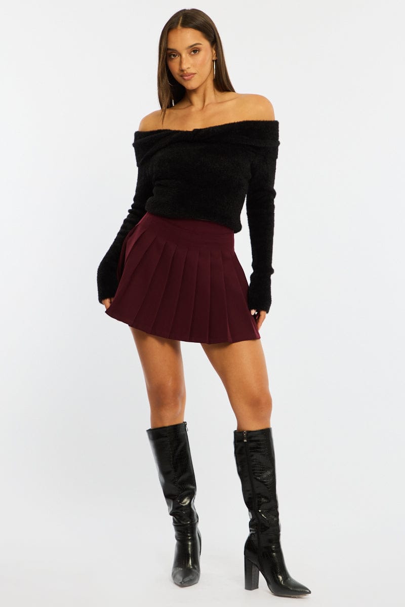 Red Pleated Skirt Mid Rise Longline