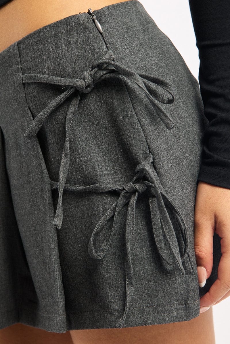 Grey Pleated Skort Skirt High Waisted Mini Bow