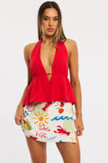 Multi Abstract Mini Skort Skirt Side Tie Shorts