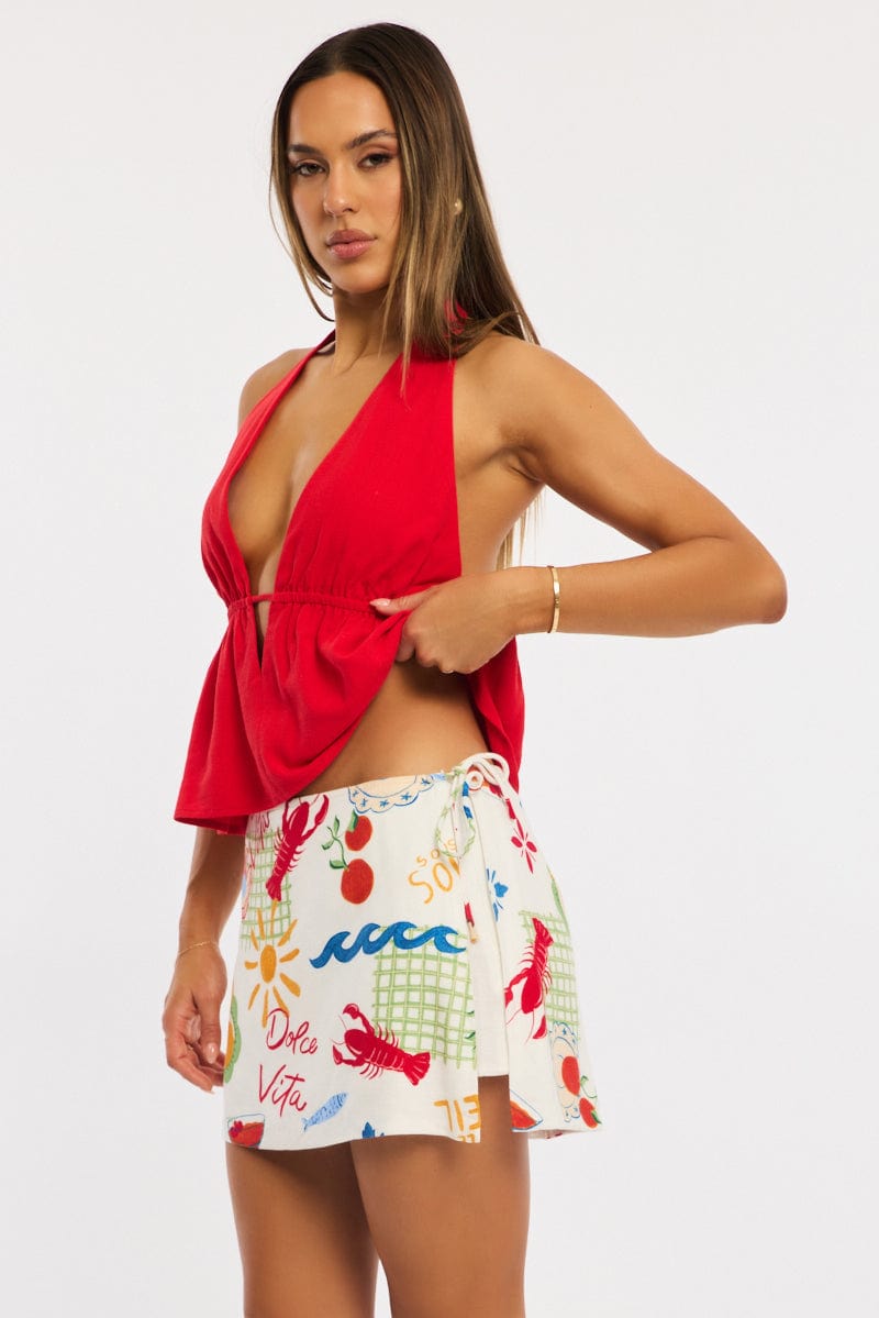 Multi Abstract Mini Skort Skirt Side Tie Shorts