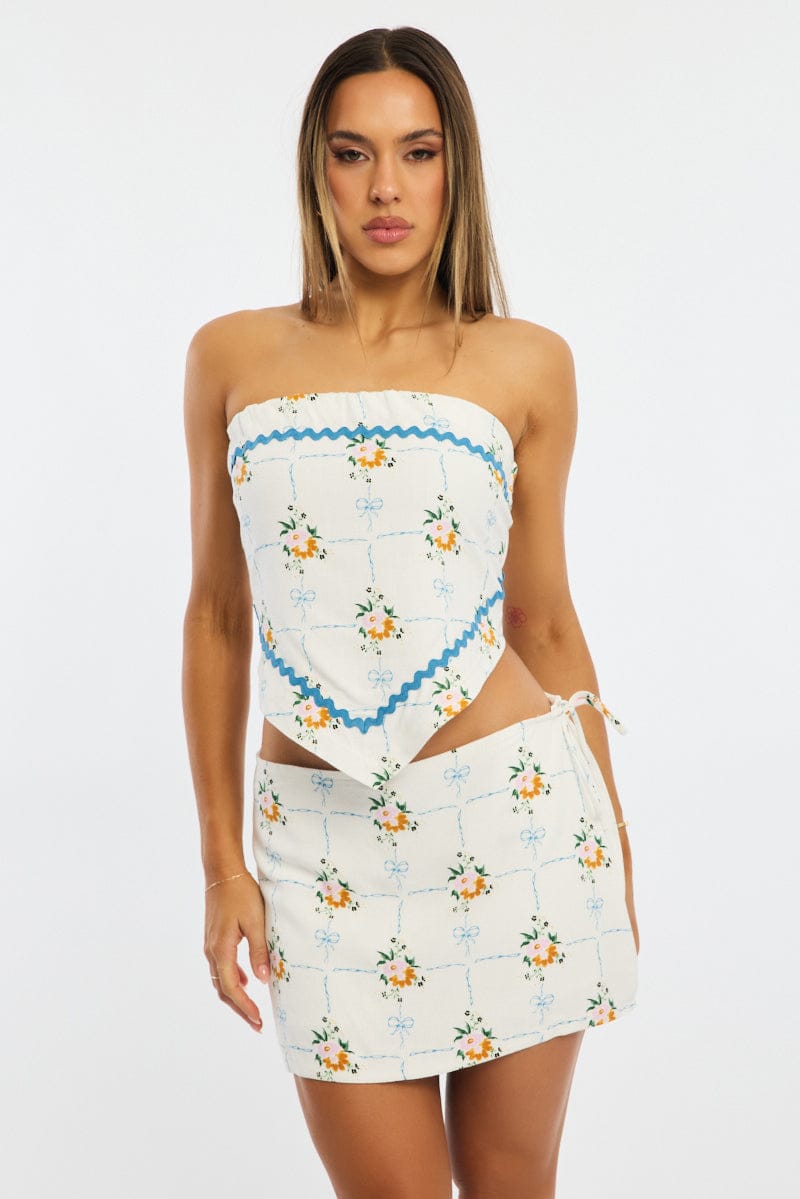 White Floral Mini Skort Skirt Side Tie Shorts