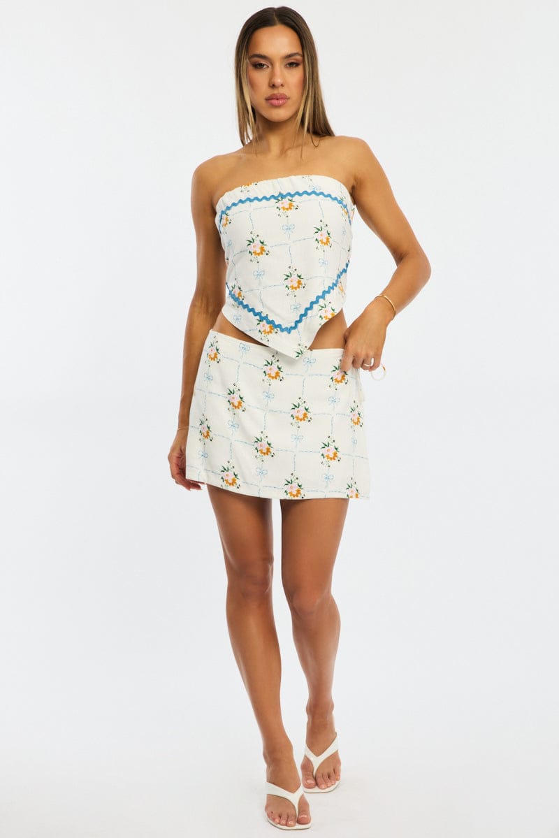 White Floral Mini Skort Skirt Side Tie Shorts