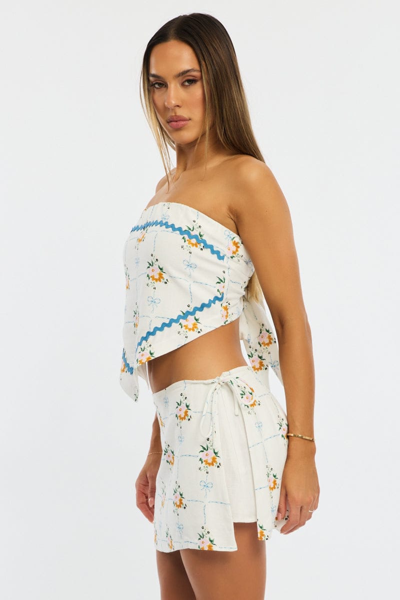 White Floral Mini Skort Skirt Side Tie Shorts