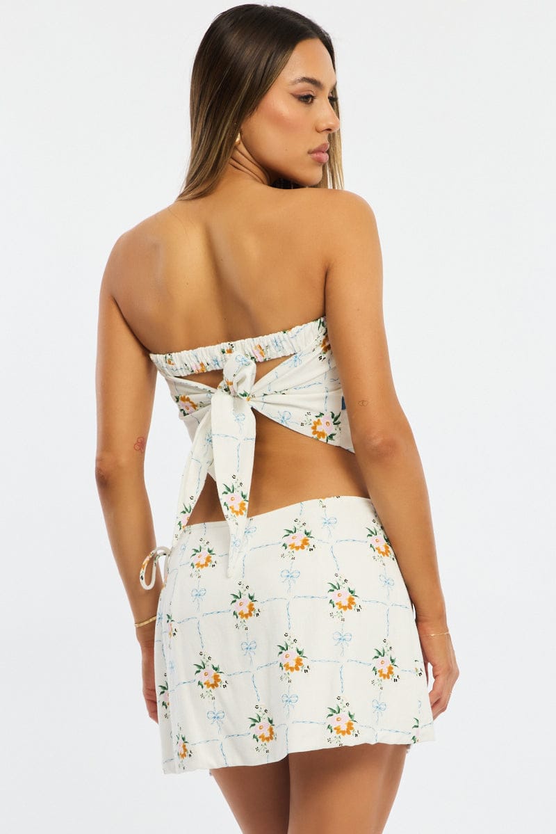 White Floral Mini Skort Skirt Side Tie Shorts