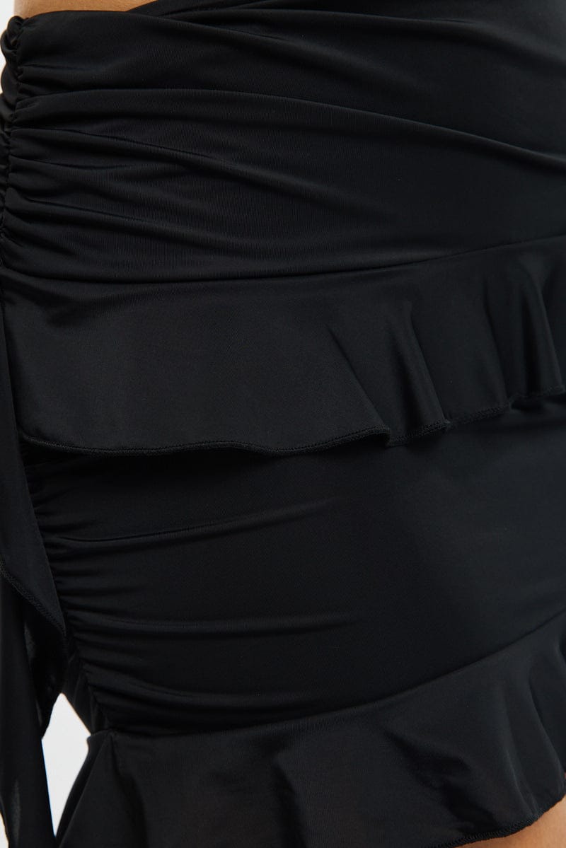 Black Mini Skirt Ruffled Elastic Wiast Stretch