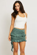Green Mini Skirt Ruffled Elastic Wiast Stretch