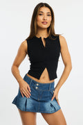 Denim Pleated Mini Skort Skirt Mid Rise