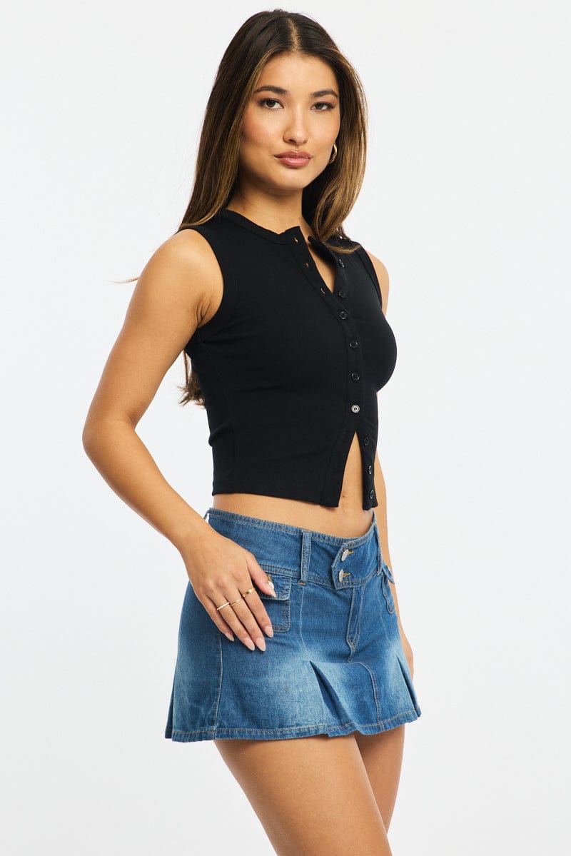 Denim Pleated Mini Skort Skirt Mid Rise
