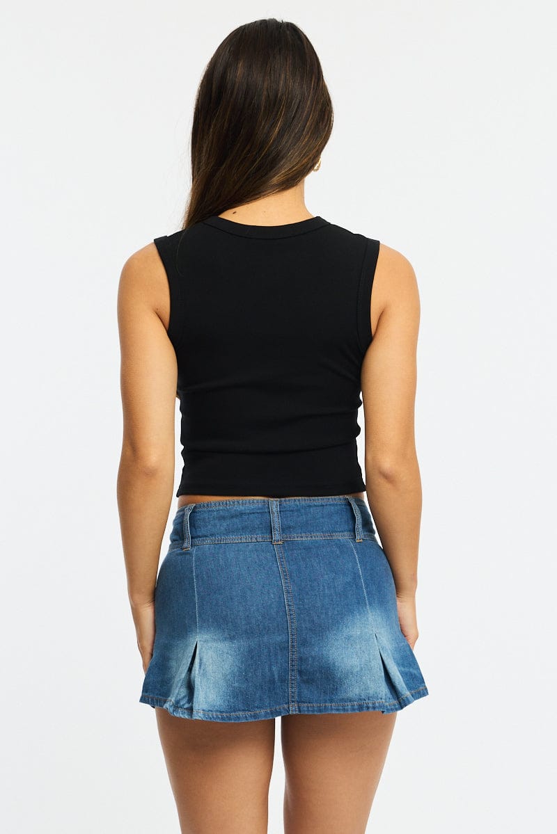 Denim Pleated Mini Skort Skirt Mid Rise