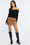 Beige Suede Mini Skort Skirt Mid Rise Faux
