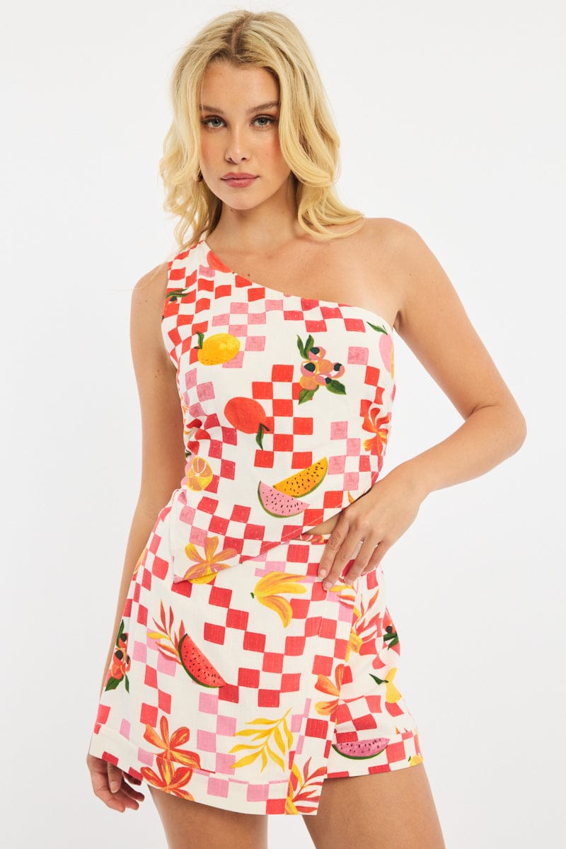 Multi Abstract Asymmetric Mini Skirt High Waisted Wrap