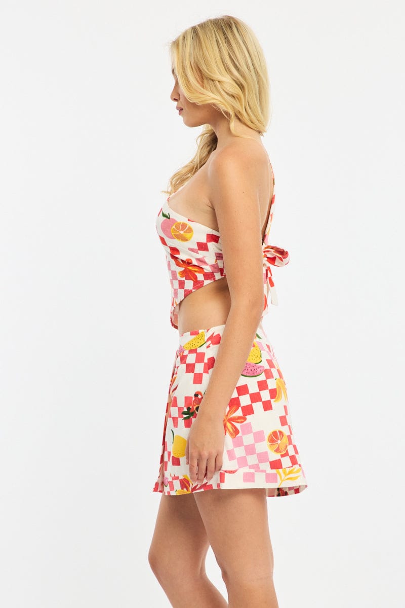 Multi Abstract Asymmetric Mini Skirt High Waisted Wrap