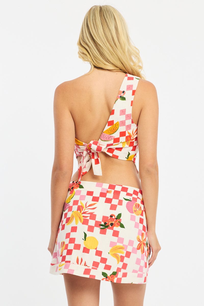 Multi Abstract Asymmetric Mini Skirt High Waisted Wrap