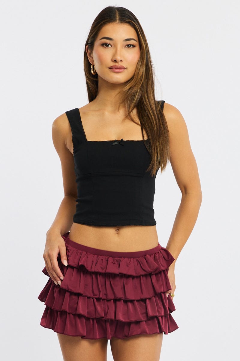 Red Bloomer Skort Skirt Elastic Waist Mid Rise