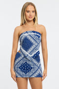 Blue Paisley Linen Blend Mini Skort High Rise