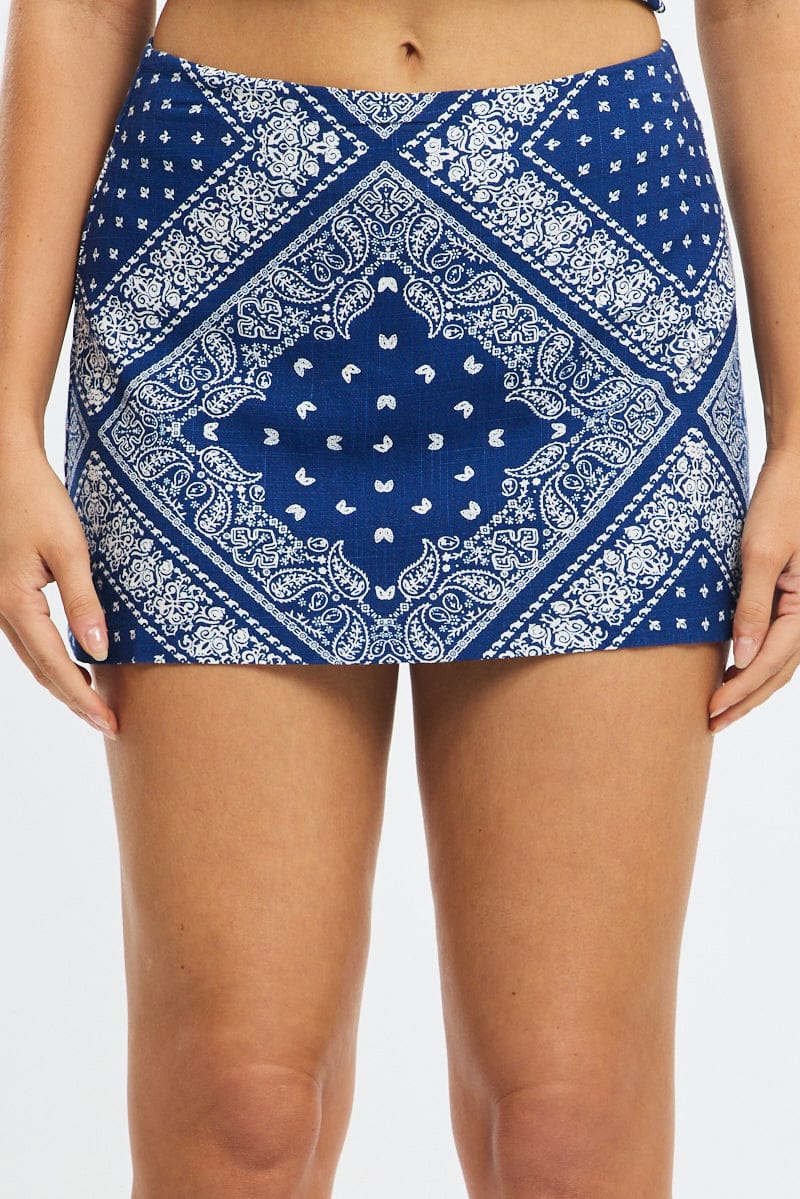 Blue Paisley Linen Blend Mini Skort High Rise