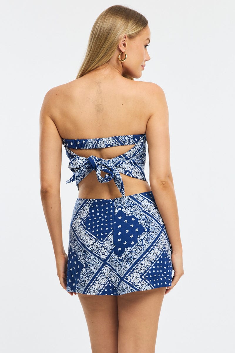 Blue Paisley Linen Blend Mini Skort High Rise