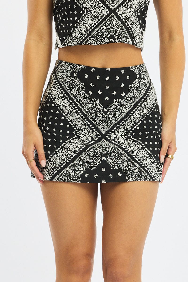 Black Paisley Linen Blend Mini Skort High Rise