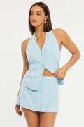 Blue Linen Blend Mini Skort High Rise Shorts