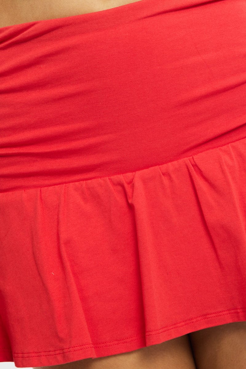 Red Ruched Waist Mini Skort Skirt Shorts Lined