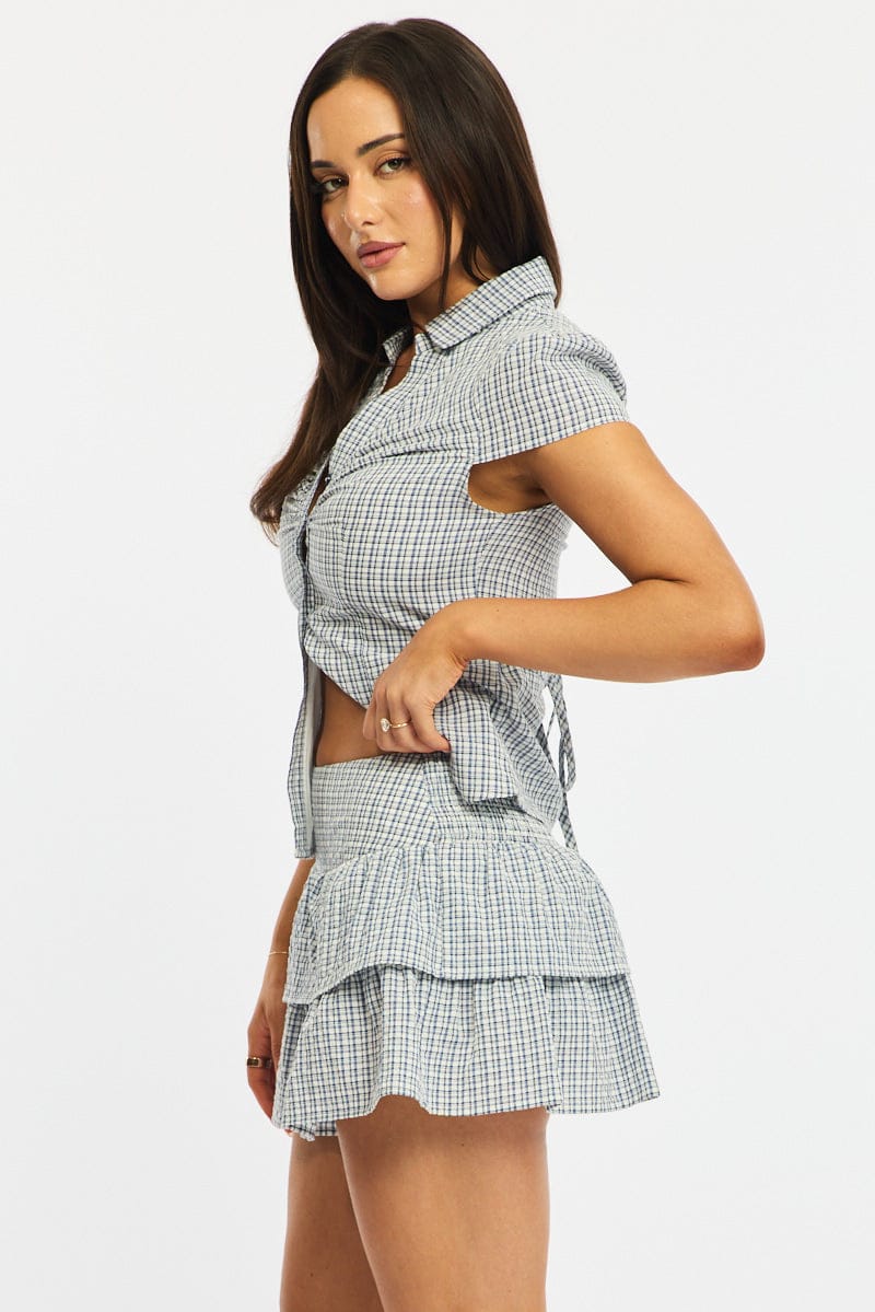 Blue Check Mini Skort Mid Rise Layered Shorts