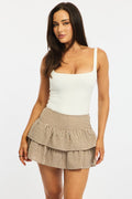 Brown Check Mini Skort Skirt Mid Rise Layered