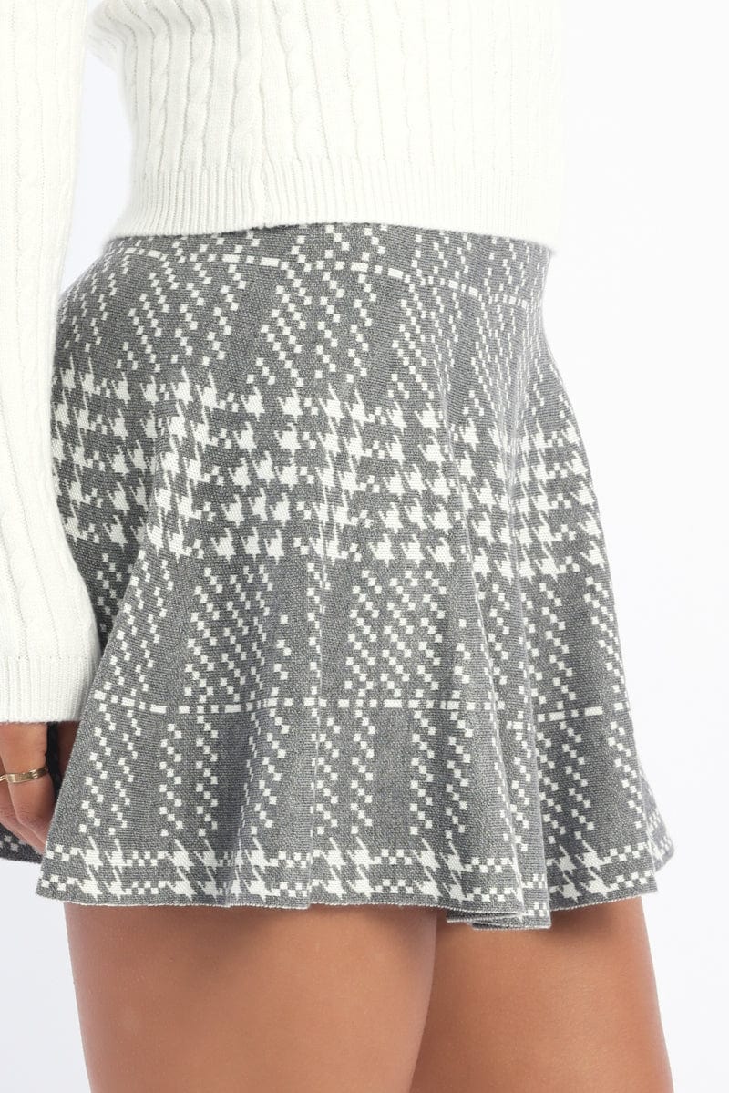 Grey Check Knit Skater Skirt Mini Fit &