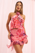 Orange Abstract Asymmetric Skirt High Waisted Scarf Hem