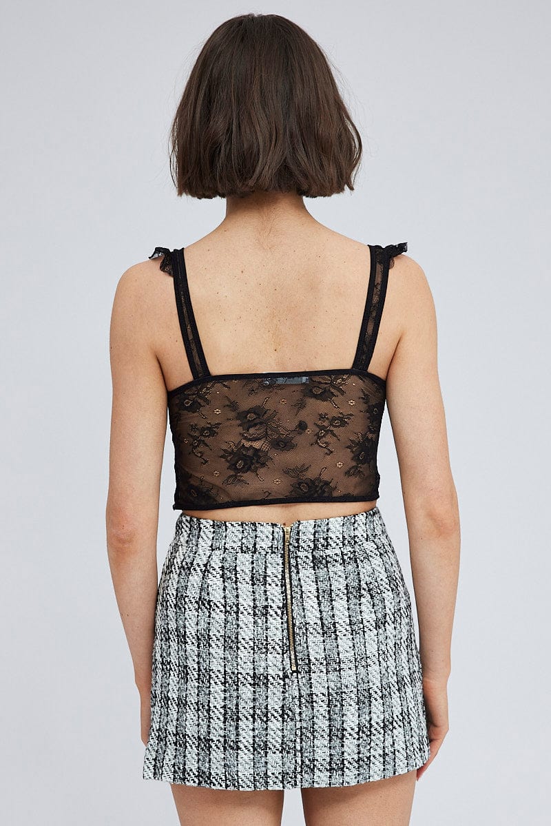Black Check Mini Skirt High Rise A-Line Front