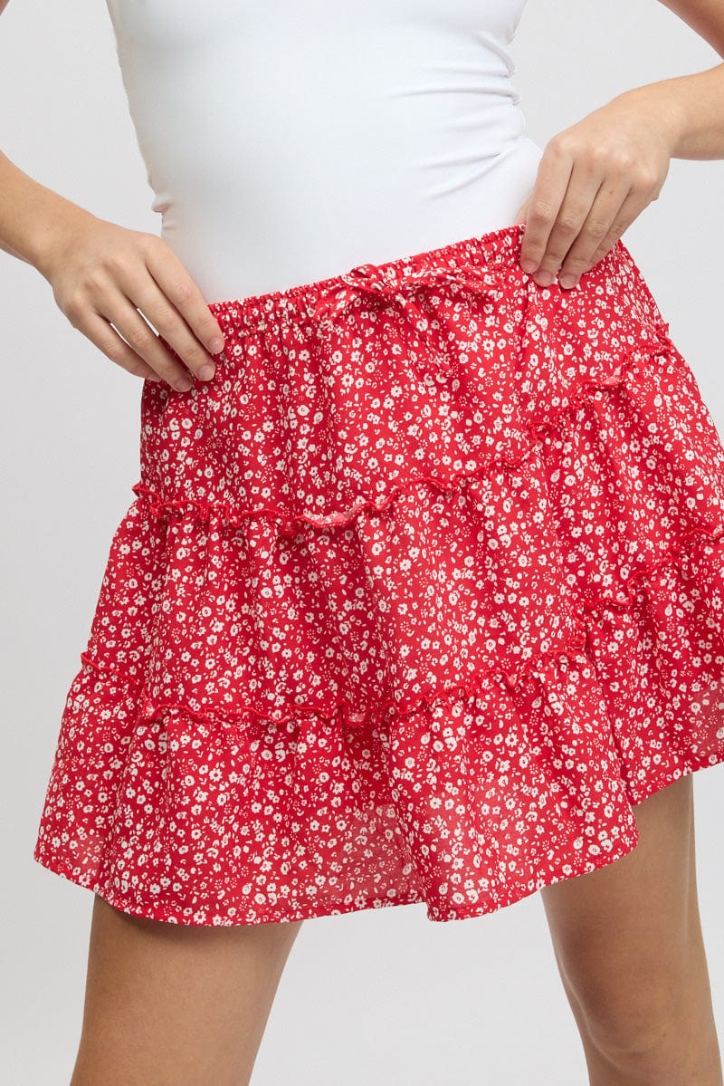 Red Ditsy Skater Skirt High Rise Tiered Mini