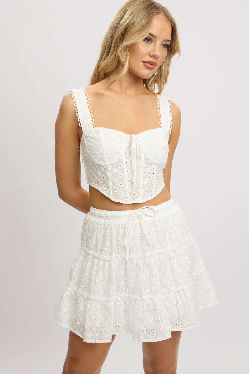 White Skater Skirt High Rise Tiered Mini Broidery