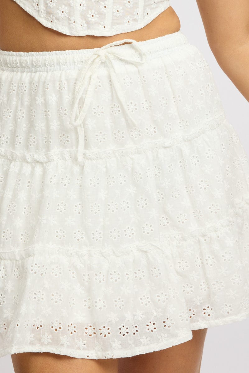 White Skater Skirt High Rise Tiered Mini Broidery